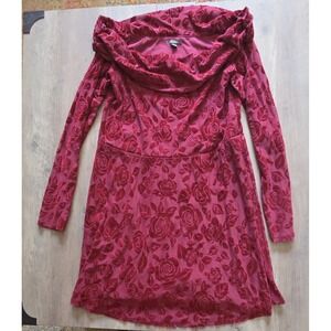 Wild Fable Red Roses Velvet Cowl Neck Long Sleeve Mid Dress Women L Valentine's